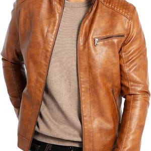 Men&#39;s Brown Real Leather Biker Jacket- Casual Style Slim Fit Motorcycle Jacket for Men