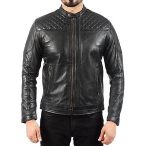 Men&#39;s Classic Quilted Black Genuine Biker Leather Jacket-Slim Fit Stylish Outerwear Jacket For Men