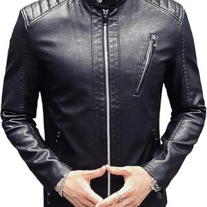 Men&#39;s Casual Stand Collar Slim Fit Leather Biker Motorcycle Jacket Men & Women