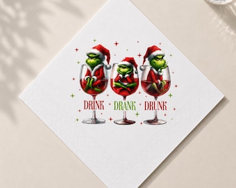 Grinch Drink Drank Drunk Napkins, Funny Christmas Cocktail Napkins, Holiday Wine Lover Party Supplies, Adult Humor Hostess Gift Napkins