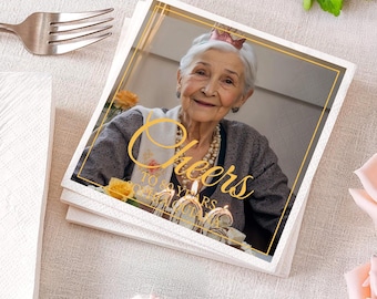 80th Birthday Photo Napkins, Gold Black Custom Cocktail Party Supplies