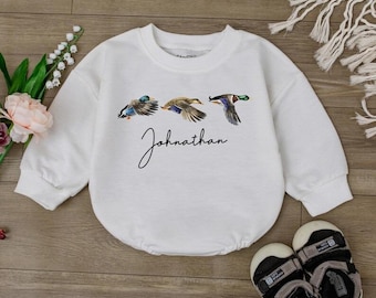Personalized Mallard Duck Hunting Bubble Romper, Boy Ducking Hunter Baby Romper, First Birthday Outfit, Duck Lover Gift, Newborn Bodysuit
