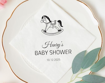 Personalized Rocking Horse Baby Shower Napkins, Custom Name Party Supplies, Classic Welcome Baby Cocktail Napkins, Boy Party Napkins