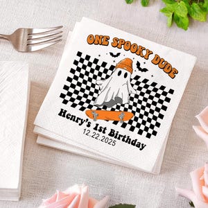 One Spooky Dude First Birthday Party Napkin, Halloween Themed Bday Decor, Cute Ghost Skateboard Hobby Napkin, Custom Party Napkin For A Boy