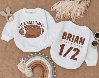 Custom It&#39;s Halftime Romper, Football Game Day, Football Half Birthday, Bubble Romper, Infant Bodysuit, Football Baby, 1/2 Birthday Outfit