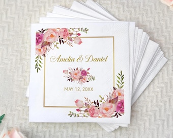 Personalized Watercolor Floral Gold Wedding Napkins, Bridal Shower Cocktail Party Decor