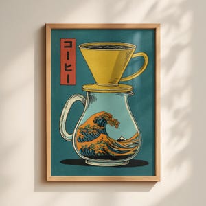 Japansk kaffeposter: Vågkonst Barista-dekor, minimalistisk väggdekoration i Japan