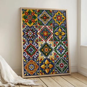 Talavera Tile Wall Art: Mexican Floral Pattern Print, Colourful Folk Art Decor, Spanish Mediterranean Tile, Kitchen Decor