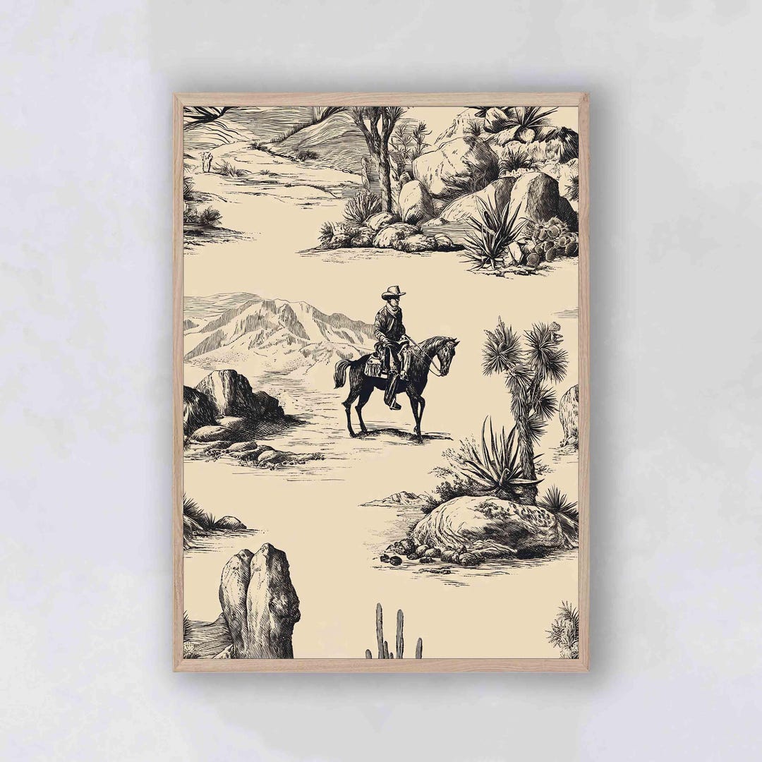 Western Toile Art Print: Vintage Cowboy Digital Paper, Coastal Cowgirl ...