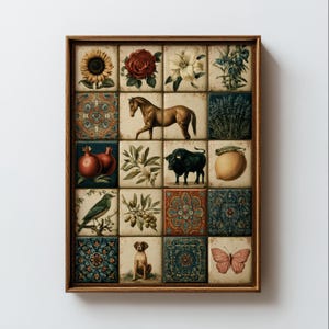 May include: A framed wall art piece featuring a grid of twenty square tiles. The tiles display various illustrations including a sunflower, rose, lily, horse, bull, pomegranate, lemon, bird, dog, butterfly, olive branches, lavender, and intricate blue and red patterns.