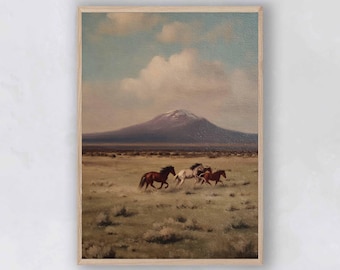 Impresión vintage de caballos salvajes: pintura al óleo de paisajes montañosos, pintura de mustangs corriendo (descarga digital)