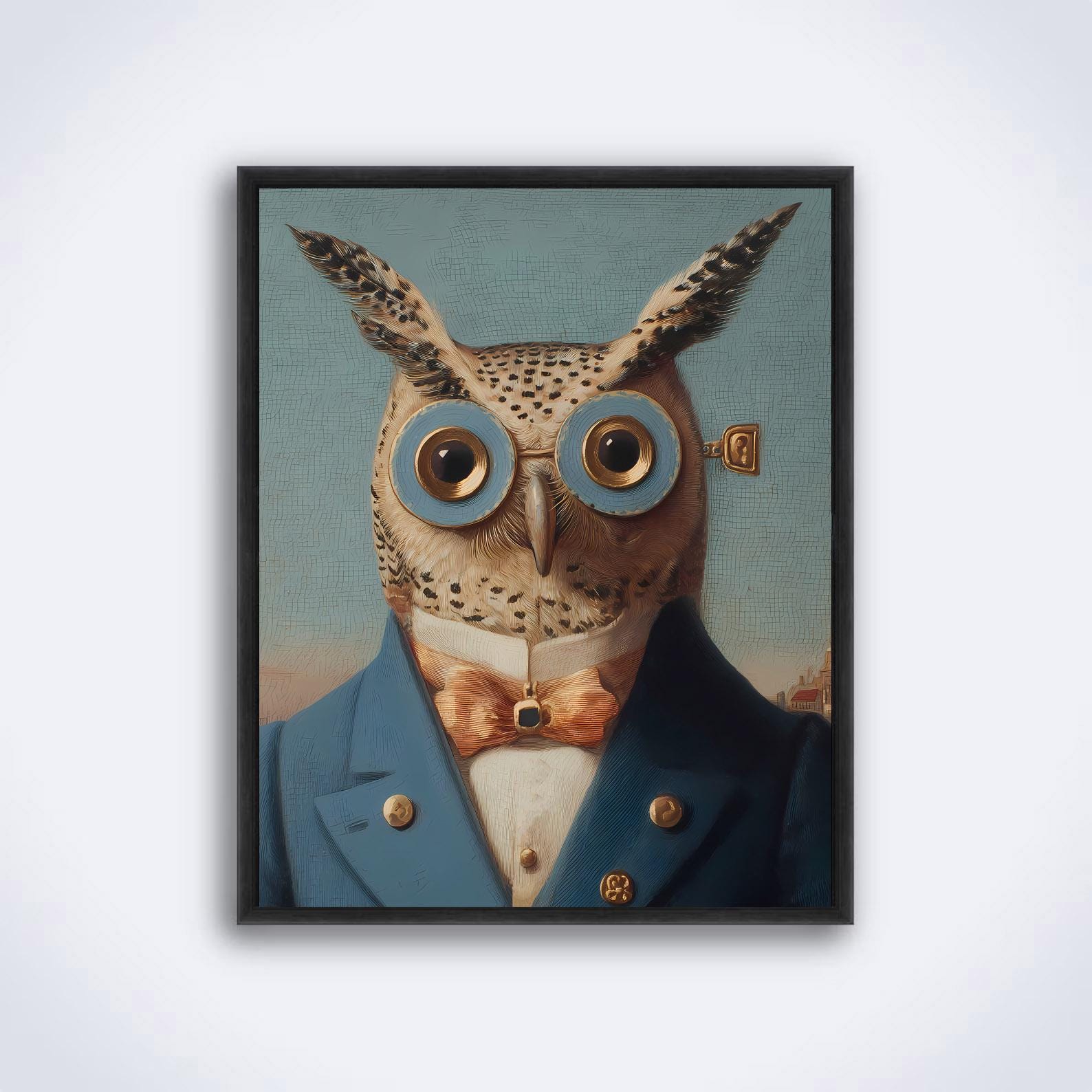 Steampunk Owl Portrait in Blue Suit: Whimsical Anthropomorphic Bird Art Print, Vintage Animal Wall A