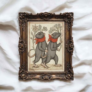 Lámina de rata medieval: ilustración de ratón xilográfica caprichosa, póster de Weirdcore de la biblioteca de Dark Academia