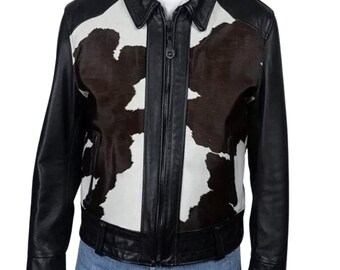 Handmade “Men’s Cowhide Leather Jacket | Western Cow Print Biker Jacket | Vintage Rodeo Style Outerwear | Real Leather Cowboy Jacket”