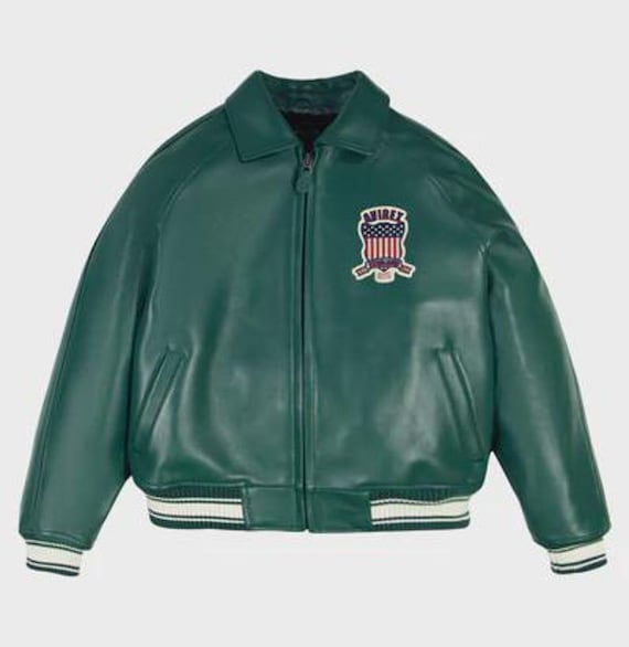 Handmade Vintage Avirex Varsity Leather Jacket Retro Green Bomber
