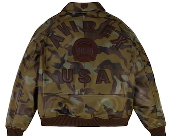 Chaqueta de vuelo clásica americana Avirex para hombre, hecha a mano en piel auténtica con estampado de camuflaje / Bomber militar de estilo vintage / Prenda exterior de piel de vacuno