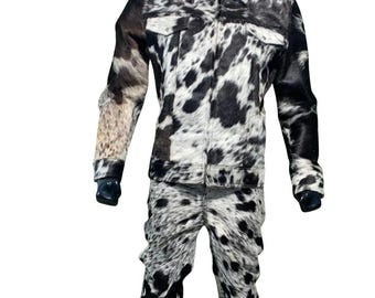 HandmadeHandgemaakte "Tweedelige set met koeienprint | Jas en broek van imitatiebont | Western-streetwear-outfit | Modeset uniseks dierenprint"