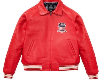 Chaqueta universitaria de cuero rojo vintage de Avirex USA, hecha a mano, estilo bombardero retro.