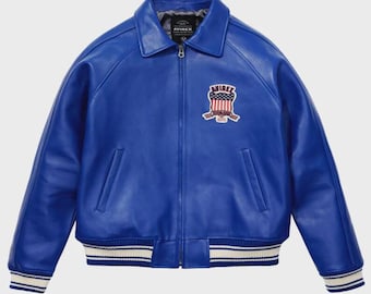 Handmade Avirex Blue Varsity Leather Jacket Retro USA Flag Bomber