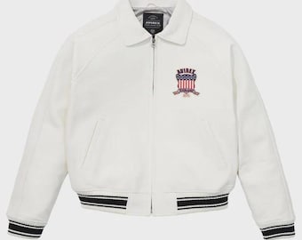 ハンドメイドのアビレックス ホワイト バーシティ ジャケット アメリカ国旗クレスト、レトロ ボンバー