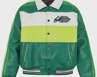 Handmade Avirex Style Green Varsity Leather Jacket Retro Colorblock Bomber
