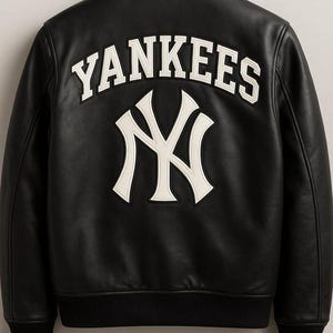 Handgemaakte zwarte leren Yankees-jas NY-logo Varsity Style - cadeau voor jou