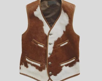 Handmade Cowhide Leather Vest for Men  Western Cowboy Brown & White Fur Waistcoat  Real Hair-On Hide Rodeo Style Vest