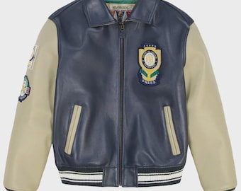 ハンドメイドのアビレックス ワールドシリーズ レザージャケット。刺繍アップリケ、コントラストスリーブ。