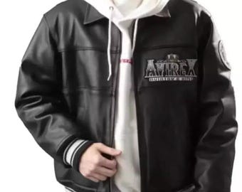 Handgemaakt zwart leren bomberjack van Avirex heren Varsity Retro Streetwear