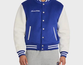 Chaqueta universitaria de cuero y lana Avirex hecha a mano con ribete de canalé a rayas / Regalo para él/ella