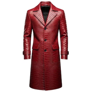 May include: A long, red leather coat with a crocodile skin texture. The coat has a notched collar, three black buttons, two front pockets, and buttoned cuffs. The coat is a classic style.