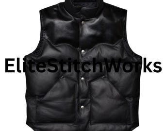 Handmade Men's Black Classic Puffer-Bomber Lambskin Sleeveless Leather Jacket