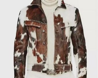 Handmade “Cowhide Leather Western Jacket Vintage Brown & White Fur Coat"