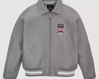 Handmade Vintage Avirex USA Leather Bomber Jacket Gray Varsity Style with All Americans Patch