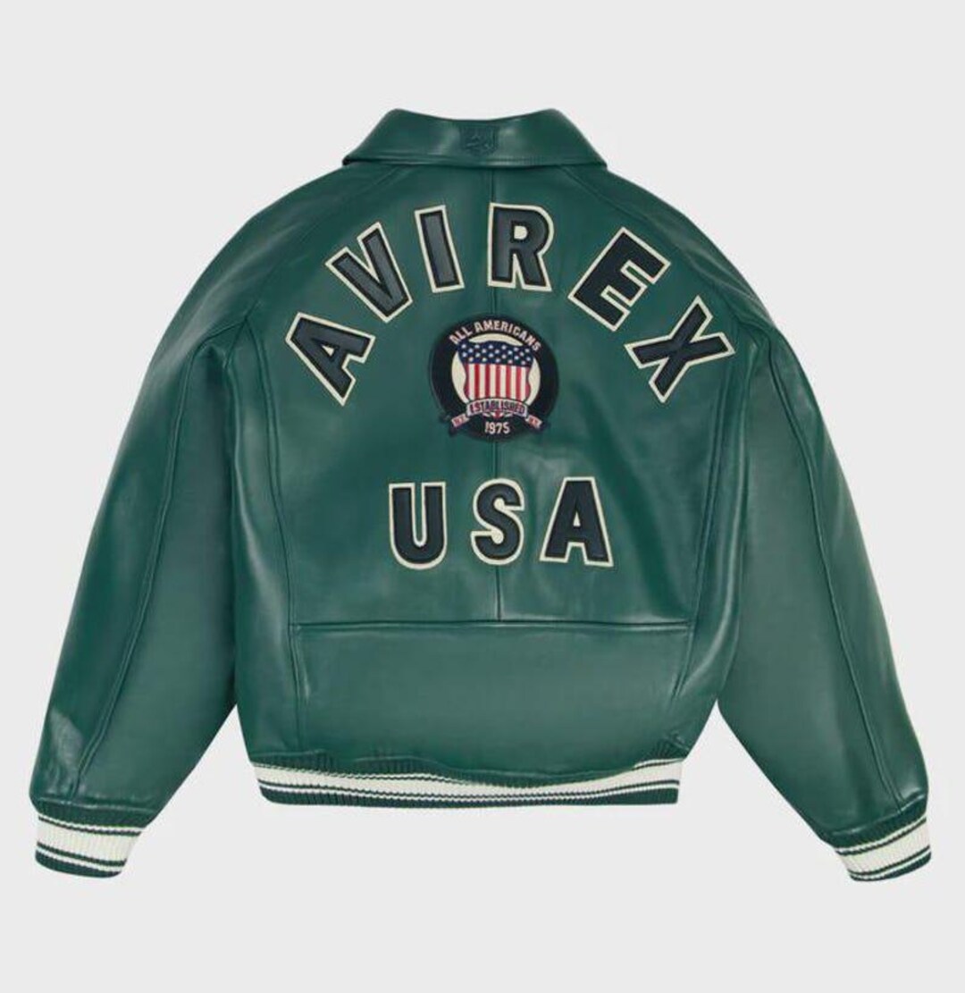 Handmade Vintage Avirex Varsity Leather Jacket Retro Green Bomber