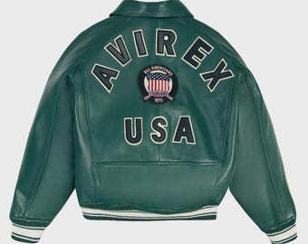 Handgemachte Vintage Avirex Varsity Lederjacke Retro Grüne Bomber mit Aufnäher
