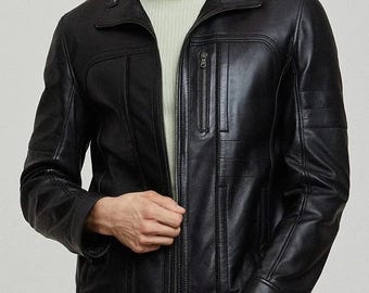 Handgefertigte schwarze Kunstlederjacke für Herren | Stilvolle Bikerjacke | Klassische Reißverschluss-Moto-Oberbekleidung für Herren |