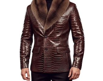 Handmade Crocodile Embossed Leather Jacket with Fur Collar