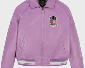 Handmade Avirex USA Lavender Leather Jacket – Bold Embroidered Bomber Style Retro Streetwear - Gift For You