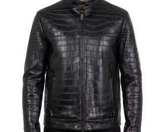 Handmade Men’s Black Crocodile-Texture Leather Jacket | Zip-Up Jacket |
