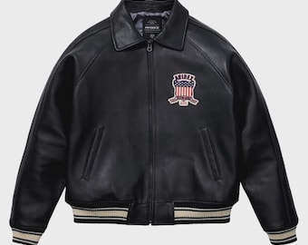 Handmade Avirex USA black Leather Jacket – Bold Embroidered Bomber Style Retro Streetwear - Gift For Youu