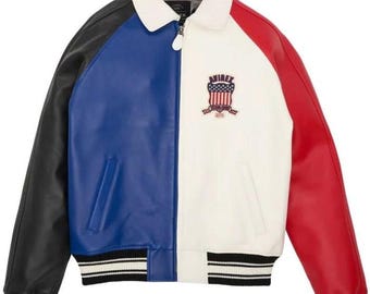 ハンドメイド アビレックス USA 限定版 バーシティジャケット カラーブロック レザー ボンバー