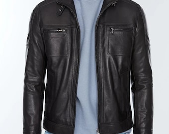 HandmadeHerren schwarze Lederjacke | Klassischer Moto Biker-Stil | Oberbekleidung | Lässige Modejacke für Ihn |