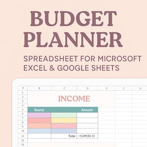 May include: A digital budget planner spreadsheet for Microsoft Excel and Google Sheets. The image shows a spreadsheet layout with sections for income and expenses, with colourful highlighted rows and text labels.