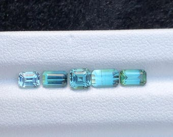 Könnte beinhalten: Fünf Aquamarin-Edelsteine ​​mit rechteckigen und Smaragdschliffen werden gezeigt. Die unterschiedlich großen Edelsteine ​​weisen eine hellblaue Farbe mit Grüntönen auf. Sie sind in einer Reihe auf einer weißen Oberfläche angeordnet und zeigen ihre Klarheit und Brillanz.