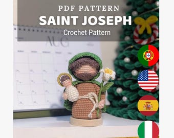 Sint-Jozef-haakpatroon – Jozef met baby Jezus vast, amigurumi-kerststal pdf (Engels/Spaans/Italiaans/Portugees)