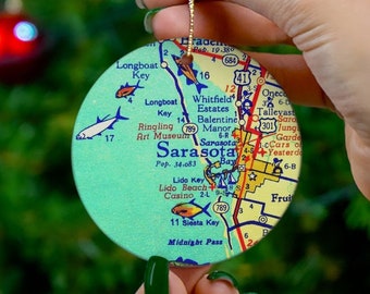 Sarasota Beach Vintage Map Christmas Ornament, Ornament, Gift, Christmas, Map, Vacation, Trip, Airbnb Décor, VBRO Gift