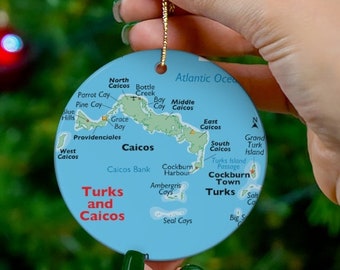 Turks and Caicos Caribbean Christmas Ornament,  Souvenir Gift, Gift, Christmas, Couple Gift, Map, Vacation, Trip, Honeymoon, Travel Gift