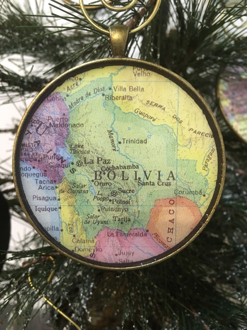 Keep a memory Alive HONEYMOON Gift Wedding Map Gift Travel Tree Ornament Corporate gift BOLIVIA Christmas Ornament