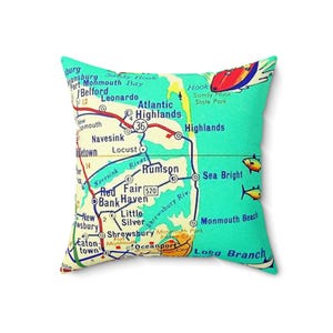 Almohada cuadrada de poliéster hilado con mapa retro de Jersey Shore, 45 cm, para playa, decoración del hogar, decoración costera, cojín decorativo